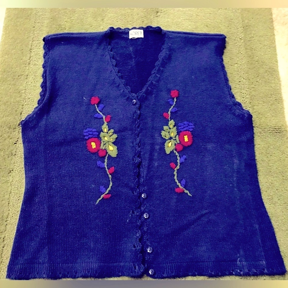 Navy Cardigan with Floral Stitching - Vintage